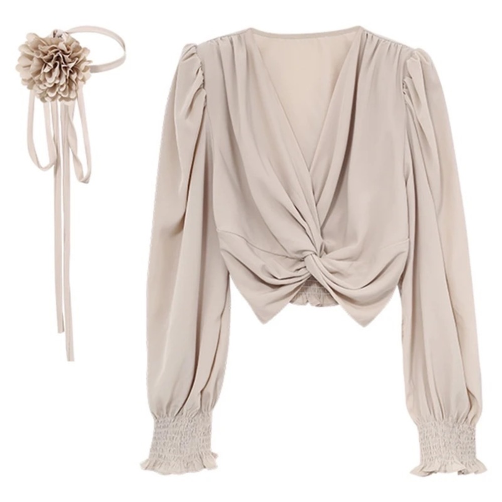 Elegant Neck Rope Flower Bubble Sleeve Satin Blouse